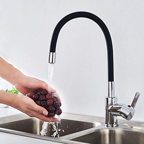 Auralum® Mezclador Grifo Cocina con Aireador Libremente Orientable Ajustable Grifos de Fregadero en Latón Negro y Cromado para Agua Caliente y Fría