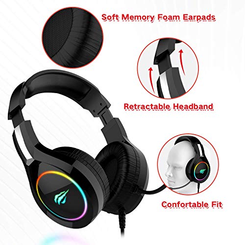 Auriculares Gaming PS4 HAVIT Iluminación RGB Cascos Gaming sonido envolvente, controlador de 50MM y micrófono con reducción de ruido para Xbox One/PC/Móvil （2011d,Negro）