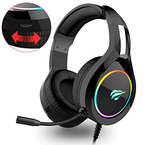 Auriculares Gaming PS4 HAVIT Iluminación RGB Cascos Gaming sonido envolvente, controlador de 50MM y micrófono con reducción de ruido para Xbox One/PC/Móvil （2011d,Negro）