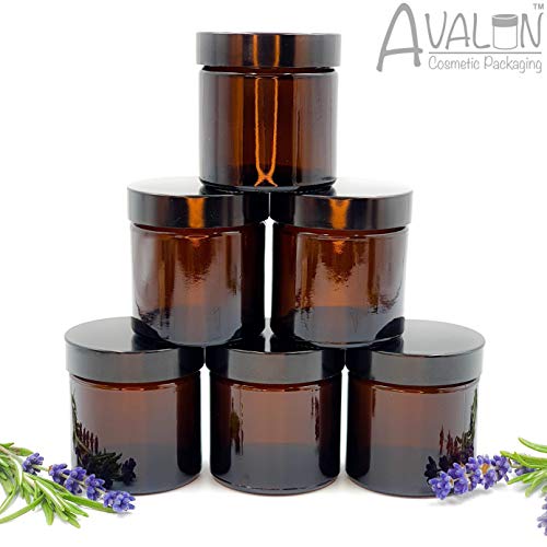 Avalon - Paquete de 6 tarros vacíos de vidrio ámbar recargables con urea negra hermética para mezclas de aromaterapia, cremas, velas, tarro de muestra (60 ml)