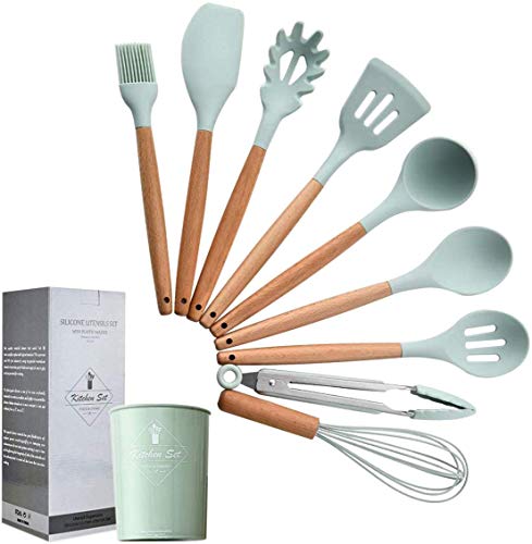 Avril Tian - Set de Utensilios de Cocina de Silicona - 9 Piezas Mangos de Madera Natural Herramientas de Cocina Turner Tongs Cuchara de Espátula para Utensilios de Cocina Antiadherentes