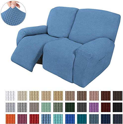 AXAA 6 Piezas de sofá elástico reclinable de 2 plazas, Funda para sofá, Funda Protectora para Muebles, Suave con Fondo elástico para niños, Tela de Licra y Jacquard, Cuadros pequeños (Azul polvor