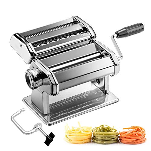 azorex Máquina para Hacer Pasta Fresca Manual de Acero Inoxidable con Manivela 9 Cortes Ajustes Fácil Manejo para Casa Cocina Fideos Masa Tagliatelle