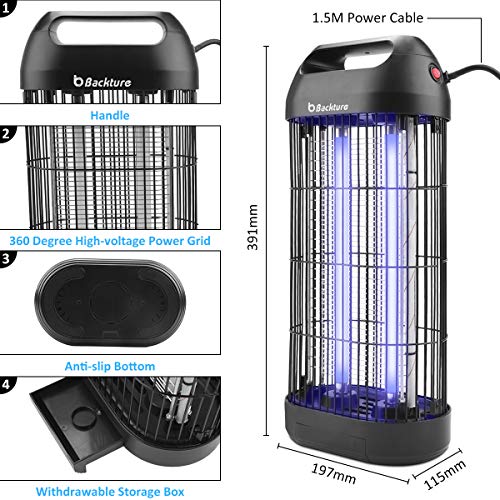 BACKTURE Lámpara Antimosquitos Electrico, 18W UV Lámpara Anti Mosquitos Interior con Caja de Recogida, Tubo de Repuesto y Cepillo Limpio, para Mata Mosquitos, Insectos, Polillas, Moscas, Efecto 40㎡