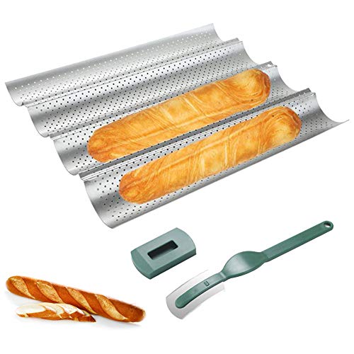 Baguette bandeja para hornear antiadherente Baguette lata perforada pan francés para hornear 4 canales plata con cortador de pan curvado herramienta de corte de masa Baguette juego de hornear