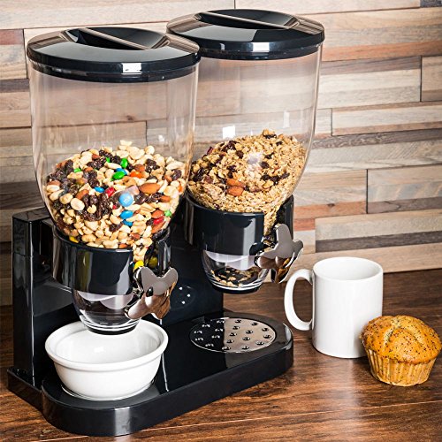 BAKAJI - Dispensador para Cereales, Pasta, Caramelos, Dulces, Fruta Seca Individual con Ruedas, Doble contenedor de 8 litros y dosificador Interior, Color Negro