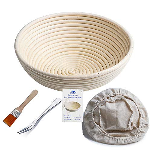 Bakery Essentials cesta de pruebas 10"redondo Banneton Brotform cuenco de ratán para masa de pan y cepillo [libre] Borradores de aumento(hasta 1000g) + free liner + libre Pan horquilla