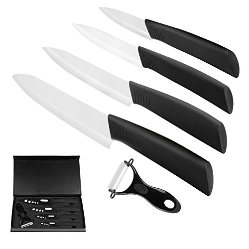 Ballery Cuchillos de Cerámica Set, 4 Piezas Cuchillos de Cocina y 1 Pelador Cerámica (6"Chef Cuchillo, 5'' Utilidad/Cortar, 4'' Cuchillo de Fruta, 3'' Cuchillo de pelado) - Blanco