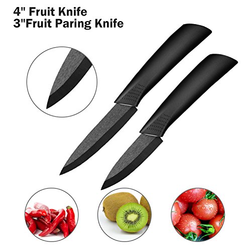 Ballery Cuchillos de Cerámica Set, 4 Piezas Cuchillos de Cocina y 1 Pelador Cerámica (6"Chef Cuchillo, 5'' Utilidad/Cortar, 4'' Cuchillo de Fruta, 3'' Cuchillo de pelado) - Negro