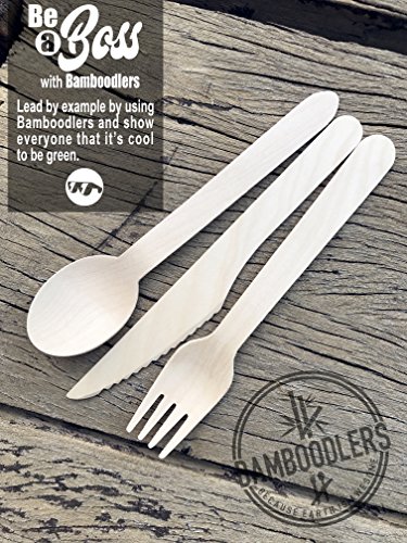 BAMBOODLERS Cubiertos de Madera Desechables | 100% Natural, Ecológicos, y Biodegradables- ¡Porque la Tierra es un Lugar Asombroso! Paquete de 200: 100 tenedores, 50 cucharas, 50 cuchillos (16.5 cm)