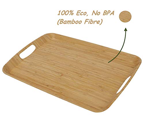 Bandeja Madera Bambu con Asa ♻ Bandeja Comida Fibra de Bambú (Para Servir Alimentos y Bebida) - Bamboo Decorativa Original - Natural, Ecologica - Eco,Sin BPA - Rectangular Grande 45x30 cm - Cocina Bio