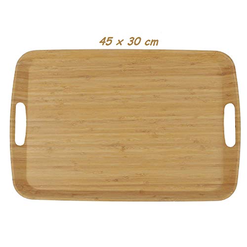 Bandeja Madera Bambu con Asa ♻ Bandeja Comida Fibra de Bambú (Para Servir Alimentos y Bebida) - Bamboo Decorativa Original - Natural, Ecologica - Eco,Sin BPA - Rectangular Grande 45x30 cm - Cocina Bio