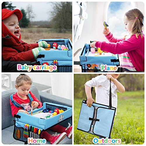 Bandeja Viaje Coche Niños LOORI, Mesa Coche para Niños, Tablero Impermeable del Acolchado Suave, Paredes Laterales Robustas - Bandeja de Comida y Bocadillos Asiento de Auto, Viaje Aéreo ect.