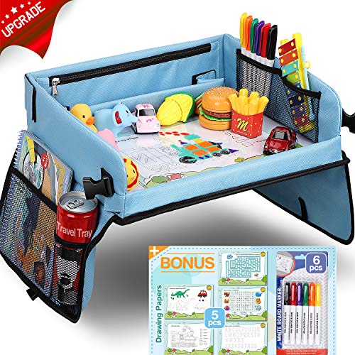 Bandeja Viaje Coche Niños LOORI, Mesa Coche para Niños, Tablero Impermeable del Acolchado Suave, Paredes Laterales Robustas - Bandeja de Comida y Bocadillos Asiento de Auto, Viaje Aéreo ect.