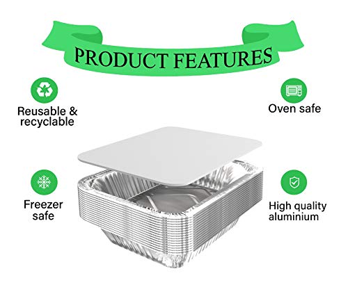 Bandejas de aluminio desechables grandes con tapas – Se utiliza como bandeja para hornear, asar a la parrilla, cocinar y almacenar alimentos – 9 x 9 x 2 pulgadas cuadradas – Paquete de 20