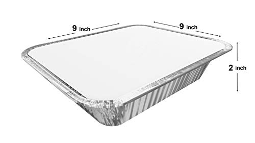 Bandejas de aluminio desechables grandes con tapas – Se utiliza como bandeja para hornear, asar a la parrilla, cocinar y almacenar alimentos – 9 x 9 x 2 pulgadas cuadradas – Paquete de 20