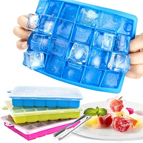 Bandejas para Hielo Silicona con Tapa, Juego de 3 Cubitera hielo con 1 Pinza, Molde Cubo Hielo 2.5 * 2.5 cm, Ice Mold para Congelarse Alimentos para Bebés Agua Cola Cócteles Whisky