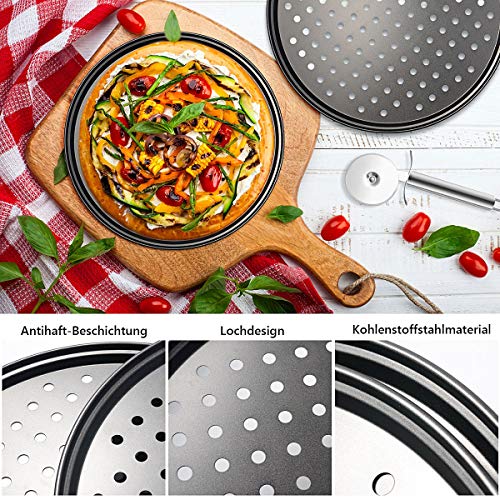 Bandejas Pizza Juego de 3,Acero al Carbono Bandejas para Pizza Horno Redondas Antiadherentes de 12 Pulgadas,Molde para Pizza con Agujeros-Cortador de Pizza-Adecuado para Fiestas Familiares de Cocina