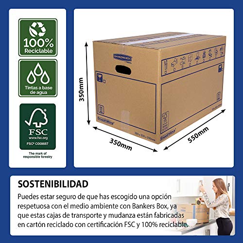 BANKERS BOX 6207301 Pack 10 Cajas de Cartón 55 x 35 x 35 cm con Asas para Mudanzas, Almacenaje y Transporte Ultraresistentes, Canal Doble Reforzado (Talla XL) 67 litros