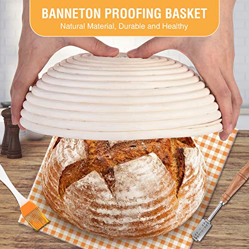 Banneton Canasta de Prueba de Pan Redonda de 23 cm, cesta pan con paño de lino, rasqueta panadero, 16 PCS plantillas decoración de pan, varilla de agitador de harina (28 PCS)