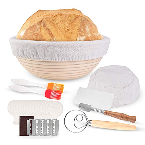 Banneton Canasta de Prueba de Pan Redonda de 23 cm, cesta pan con paño de lino, rasqueta panadero, 16 PCS plantillas decoración de pan, varilla de agitador de harina (28 PCS)