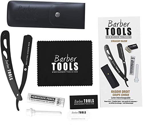 ✮ BARBER TOOLS ✮ Navaja de afeitar + Box 5 cuchillas de doble hoja + Paño de pulir + Almacenamiento Pu