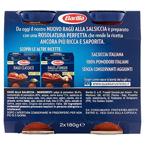 Barilla RagÃ¹ Tomato Sauce with Sausage for Pasta (2x 180g) Ready to Eat!