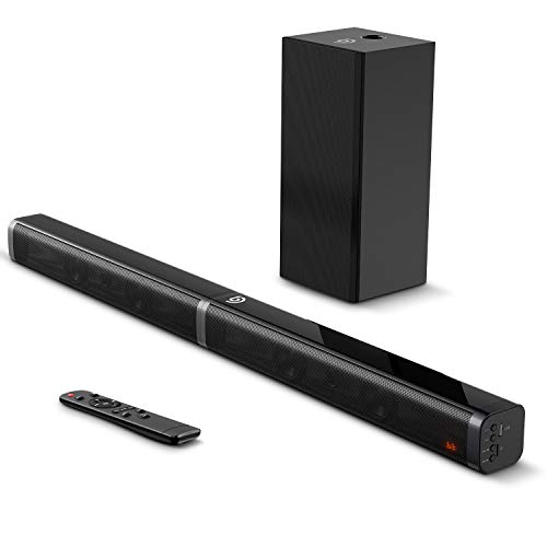 Barra de Sonido 2.1 para TV, BOMAKER 4K&HD 100W con Subwoofer, Potencia 110 dB, Bluetooth 5.0, 5 Modos de Sonido, Óptico, 3,5 mm AUX, USB, para Cine en Casa, Tapio V-Negro