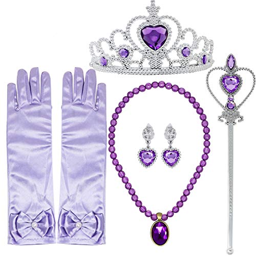 Bascolor Princesa Rapunzel Sofia Disfraz Accesorios Princesa Collar Corona Guantes Pendiente Varita Mágica Trenza para niñas Princesa Joyas Cosplay Princesa Disfraz … (sin Trenza)