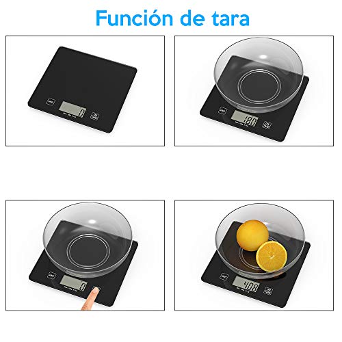 Báscula de Cocina Digital de Alta Precisión 10 kg/22 lbs,Escala Electrónica de Peso de Cocina,Smart Balanza de Alimentos Multifuncional con Gran Pantalla LCD, Función de Tara,Baterías Incluidas