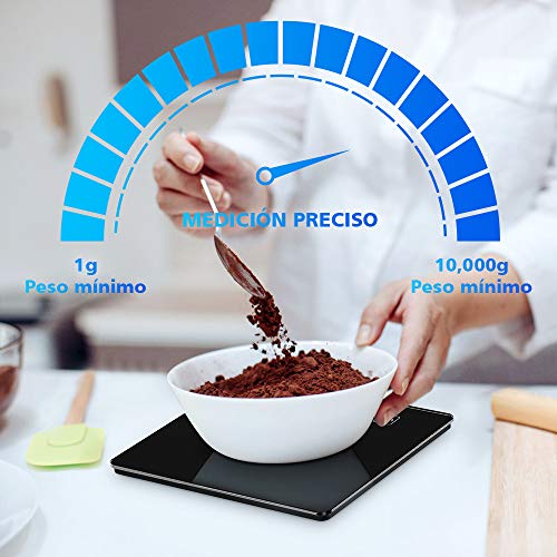 Báscula de Cocina Digital de Alta Precisión 10 kg/22 lbs,Escala Electrónica de Peso de Cocina,Smart Balanza de Alimentos Multifuncional con Gran Pantalla LCD, Función de Tara,Baterías Incluidas