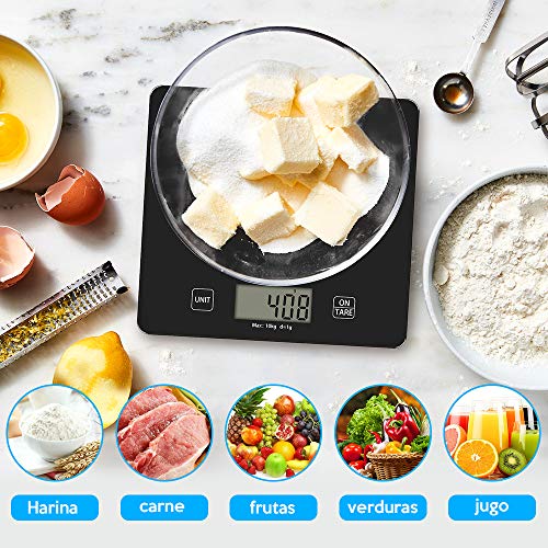 Báscula de Cocina Digital de Alta Precisión 10 kg/22 lbs,Escala Electrónica de Peso de Cocina,Smart Balanza de Alimentos Multifuncional con Gran Pantalla LCD, Función de Tara,Baterías Incluidas