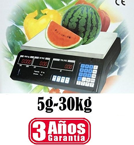 BASCULA DIGITAL 3 AÑOS DE GARANTIA BALANZA DE COMERCIO 5G-30KG DIMENSIONES 38X36X13CM BOTONES DE MEMORIA DE PRECIOS PERFECTO PARA NEGOCIO O USO DOMESTICO