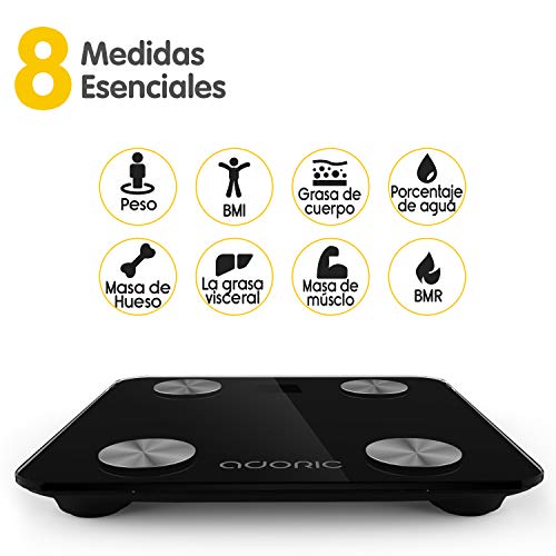 Báscula Grasa Corporal Bluetooth Más de 8 Funciones, Báscula Analógica Monitores de composición corporal Para Móviles Andriod y iOS (Negro)