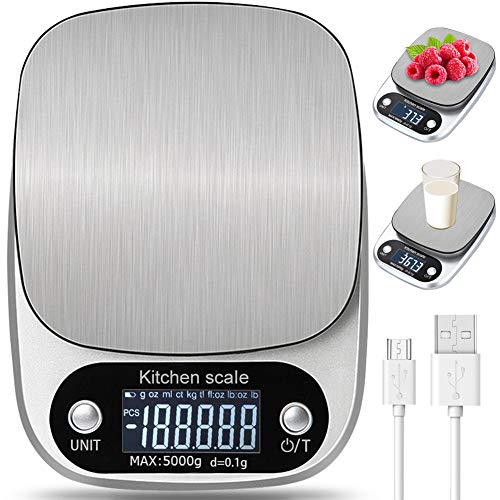 Báscula Smart Digital para Cocina con Carga USB,5kg/11lbs-0.1g Balanza Electrónica de Alta Alimentos Precisión con LCD Retroiluminación, Peso de Cocina de Multifuncional, Plata