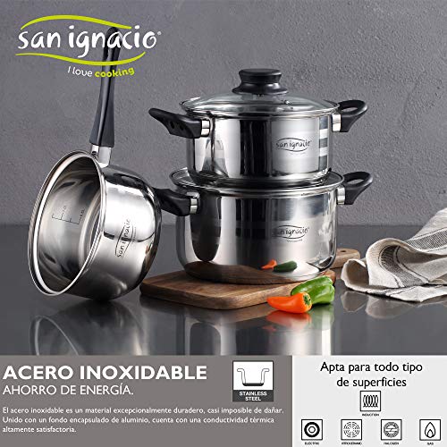 Batería de cocina 5 piezas acero inoxidable y 3pcs Utensilios de cocina y Set 3pcs sartenes 16/20/24 cms, negro, aluminio prensado, inducción