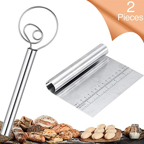 Batidor de Masa Danés Mezclador de Masa Holandesa con Rascador de Banco de Acero Inoxidable Batidora y Licuadora de Cocina para Hornear Pasteles, Postres, Pizza, 12 Pulgadas, Acero Inoxidable