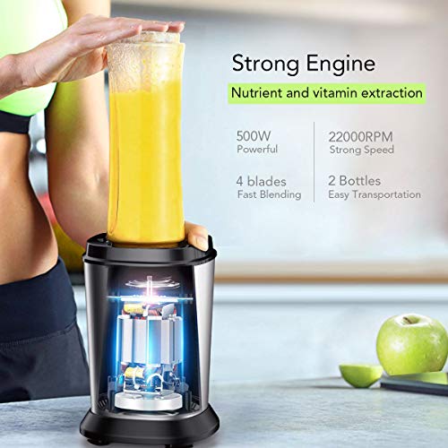 Batidora de Vaso, FOCHEA Mini Batidoras Smoothie 500W con 2 * 600ml Botella Tritan, Smoothie Maker para Frutas, Batidos, Vegetales, Libre de BPA