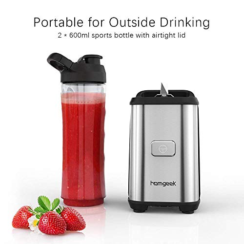 Batidora de Vaso individual, homgeek Licuadora Portatil 350W para Smoothies, Frutas y Verduras, Incluye 2 Botellas de 600 ml, Cuerpo de Acero Inoxidable, Operación con Solo Botón, Sin BPA, Plata