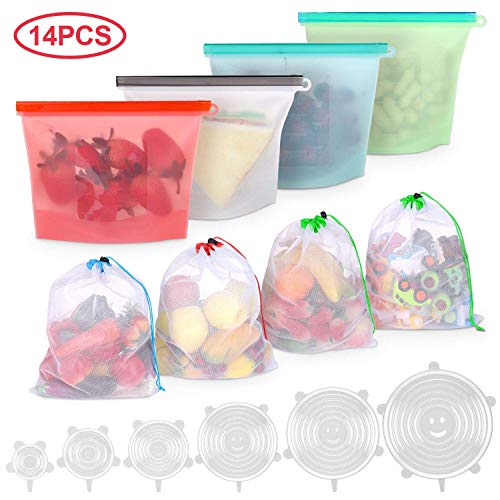 BBLIKE 6 x Tapas Silicona Ajustables Cocina, 4 x Bolsas Silicona Reutilizables, 4 x Bolsas Reutilizables Fruta y Vegetales, Sin BPA para Congelador, Microondas, Conservación de Frescura y Cocción