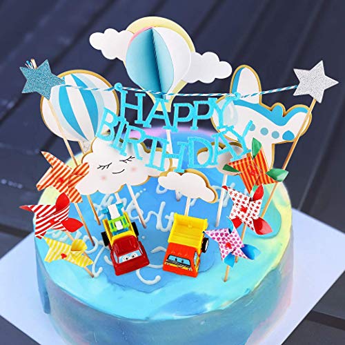 BBLIKE Toppers para Tartas, Topper de Pastel de Cumpleaños Coche + Avión + Molino de Viento + Globos de Aire Caliente + Nubes Decoraciones de Pastel, Ideal para Happy Birthday Cumpleaños Niños Party