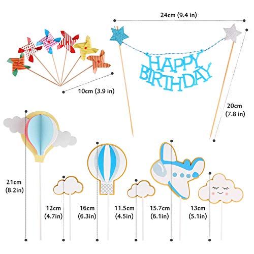 BBLIKE Toppers para Tartas, Topper de Pastel de Cumpleaños Coche + Avión + Molino de Viento + Globos de Aire Caliente + Nubes Decoraciones de Pastel, Ideal para Happy Birthday Cumpleaños Niños Party