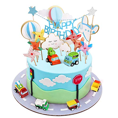 BBLIKE Toppers para Tartas, Topper de Pastel de Cumpleaños Coche + Avión + Molino de Viento + Globos de Aire Caliente + Nubes Decoraciones de Pastel, Ideal para Happy Birthday Cumpleaños Niños Party