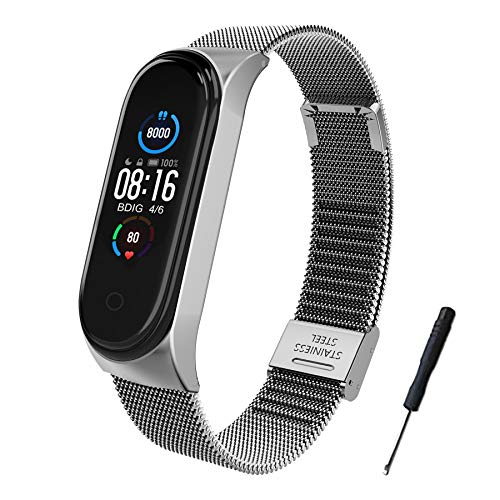 BDIG Correa Compatible para Xiaomi Mi Band 5 Correas Metal, Pulsera de Acero Inoxidable Agradable para Mi Band 5 Correa (No Host) (Melan Plata)