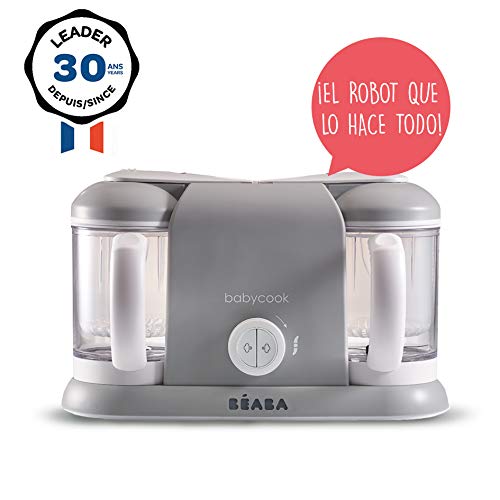 Béaba Babycook Duo Robot de cocina infantil 4 en 1, Tritura, cocina y cuece al vapor, Cocción al vapor rápida en 15 minutos, Comida casera para bebés y niños, Capacidad XXL: 2 x 200 ml, Gris