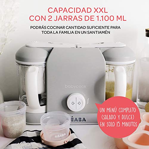 Béaba Babycook Duo Robot de cocina infantil 4 en 1, Tritura, cocina y cuece al vapor, Cocción al vapor rápida en 15 minutos, Comida casera para bebés y niños, Capacidad XXL: 2 x 200 ml, Gris