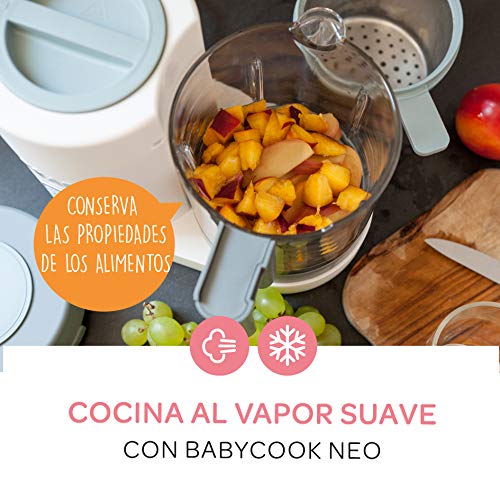 Béaba Babycook Neo Robot de cocina infantil: tritura, cocina y cuece al vapor, Rápida en 15 minutos, Recipiente de vidrio y cubeta de acero inoxidable, Para Bebés y Niños, Gris/Blanco