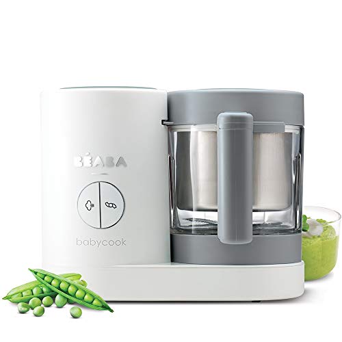 Béaba Babycook Neo Robot de cocina infantil: tritura, cocina y cuece al vapor, Rápida en 15 minutos, Recipiente de vidrio y cubeta de acero inoxidable, Para Bebés y Niños, Gris/Blanco