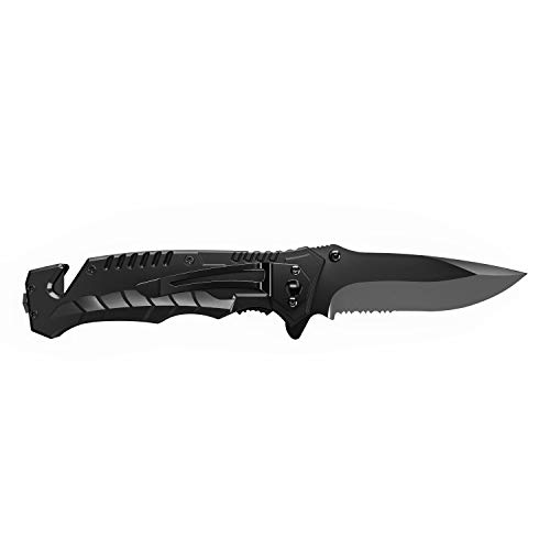 BearCraft Cuchillo Plegable Negro con **E-book Gratuito** | Navaja de Bolsillo Filosa para Supervivencia con Filo Dentado | Pequeño Cuchillo de Mano con Hoja de Acero Inoxidable y Caja de Aluminio