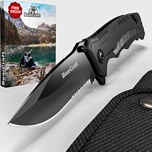 BearCraft Cuchillo Plegable Negro con **E-book Gratuito** | Navaja de Bolsillo Filosa para Supervivencia con Filo Dentado | Pequeño Cuchillo de Mano con Hoja de Acero Inoxidable y Caja de Aluminio